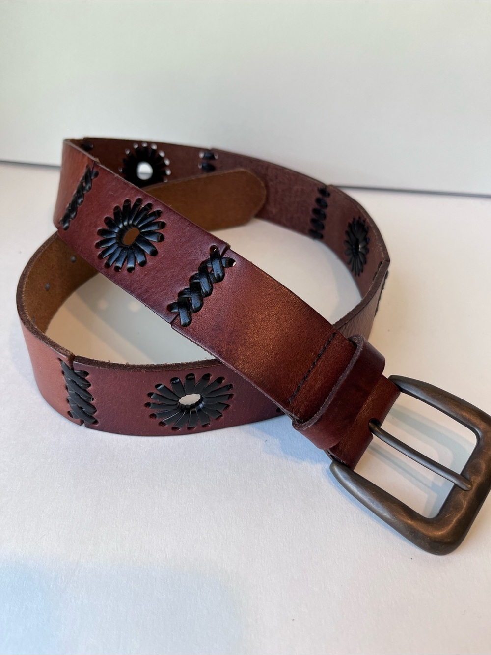 Vintage Brown Leather Woven Belt Boho